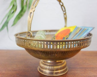 Vintage large brass footed bowl 8" x 4.5" with handle and decorative pedestal, bohemian home decor trinket dish or altar offering plate