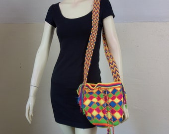 Vintage woven hippie purse 10x10" unique NEON cotton shoulder bag or small crossbody festival, geometric Wayuu Mochila fabric tote Colombia