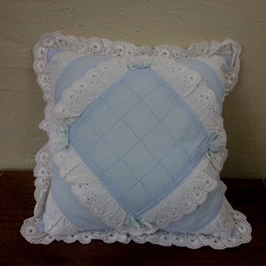 Vintage 80s square throw pillow 13x13 pastel blue with ribbon and lace ruffle for shabby cottagecore decor, nursery accent pillowcase image 2