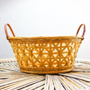 Wide, low vintage basket with handles 13 x 11 bohemian woven storage box, wicker rattan table top decorative catch all for farmhouse decor image 2
