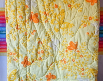 70s twin size flower power comforter with floral & butterfly motif in groovy 70s colors yellow orange for retro boho bedding hippie decor