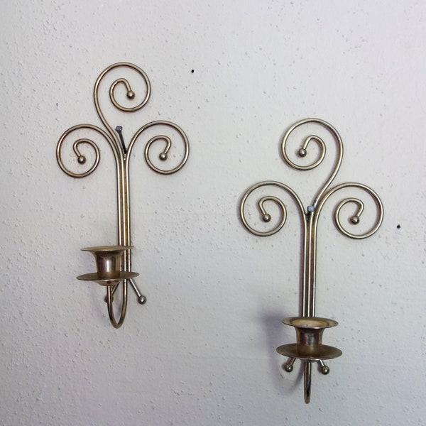 Vintage set of 2 wall sconce 11.5" candleholders for taper candle, brass spiral minimalist hanging candlestick boho holder living room decor