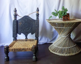 Antique carved wood low chair, Pakistani Nuristan wedding or meditation chair, decorative bohemian hippie home decor, tribal rustic handmade