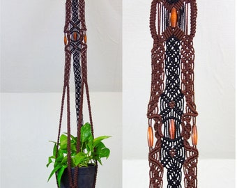 XL 5+ Foot black & brown macrame plant hanger w/ wood beads, huge unique indoor hanging planter, large pot holder bohemian witchy home decor