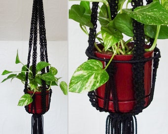 All Black Macrame Plant Hanger Indoor Hanging Planter, Pot Holder for Witchy Home Décor Dark Goth Plant Witch Pot Hanger with Beads & Fringe