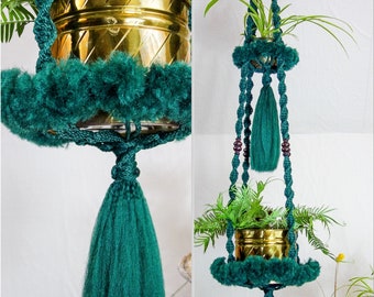Two tier 5 ft macrame plant hanger emerald green vintage style large statement piece 70s home decor XL double hanging plant hippie aesthetic