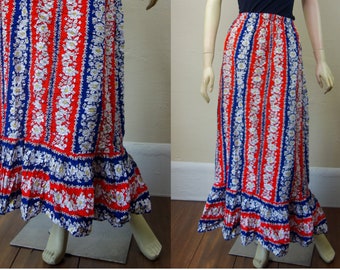 Vintage peasant skirt size XS, full length hippie handmade cottagecore floral long skirt in red white & blue cotton, pull on stretch waist