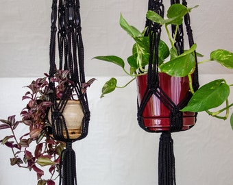 All Black Macrame Plant Hanger for Small or Medium Plant, Witchy Dark Home Décor Hanging Planter, Goth Decor Unique Gift for Plant Lover