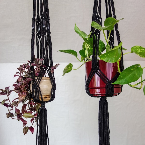 All Black Macrame Plant Hanger for Small or Medium Plant, Witchy Dark Home Décor Hanging Planter, Goth Decor Unique Gift for Plant Lover