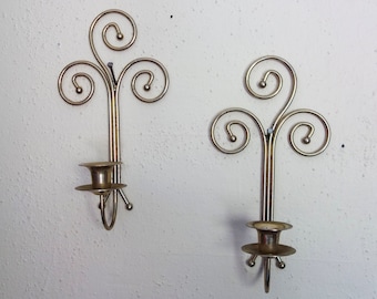 Vintage set of 2 wall sconce 11.5" candleholders for taper candle, brass spiral minimalist hanging candlestick boho holder living room decor