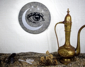 Moon witch all seeing eye wall art 6" wood, modern witchcraft mystical altar feminist home decor, celestial evil eye gold silver crescent