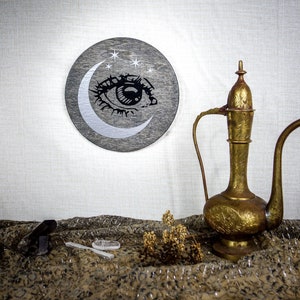 Moon witch all seeing eye wall art 6 wood, modern witchcraft mystical altar feminist home decor, celestial evil eye gold silver crescent image 1