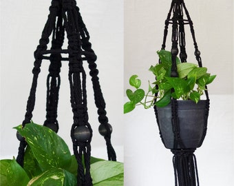 Black Macrame Plant Hanger with Wood Beads & Fringe, Witchy Dark Home Décor Pot Holder Large Hanging Planter Goth Decor Gift for Plant Lover