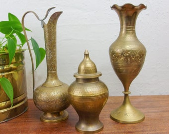 Vintage - your choice brass etched tall vase, ewer with handle, or urn with lid, eclectic Made in India pieces for bohemian decor or altar