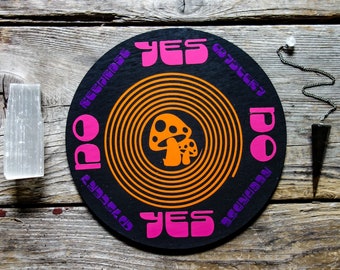 Groovy 70s style pendulum board 6.5" round wood divination tool, mushroom black light poster psychedelic art for aesthetic witch altar decor