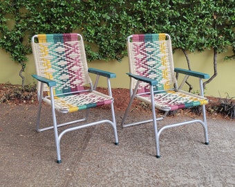 Set of 2 macrame lawn chairs, colorful unique outdoor furniture folding woven chair, for glamping, camping, festival, van life or yard decor