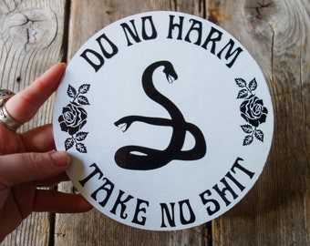 Do No Harm Take No Shit 6.5" witchy wall art, modern witch women empowerment on round wood plaque for dark decor, altar, feminist home decor