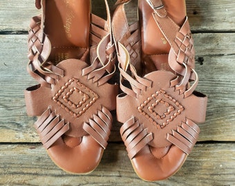 Vintage Brown Leather Huarache Sandals - Woven Boho Shoes Size 6 Wide