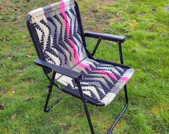 Macrame lawn chair in black white & neon pink colors, modern woven outdoor furniture for camping, festival, van life handmade forest fathers