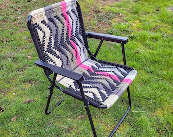 Macrame lawn chair in black white & neon pink colors, modern woven outdoor furniture for camping, festival, van life handmade forest fathers