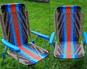 Handmade macrame lawn chair in bright, bold colors blue, orange, unique outdoor furniture for camping, glamping, or van life forest fathers