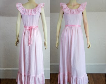 Vintage full length pastel pink eyelet princess maxi sun dress, long cotton gown with satin belt & ruffle, 70s country prairie or prom style