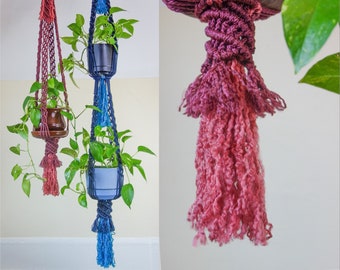 Colorful macrame plant hanger w/ fringe, large two tier or single indoor hanging planter your choice unique fun jewel tones maximalist decor