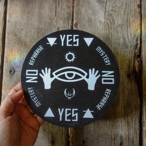 Pendulum board 6&quot; wood round divination tool witch gift, occult hand eye 4 elements symbolic wall art or altar decor dark witchy aesthetic