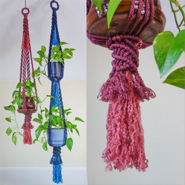 Colorful macrame plant hanger w/ fringe, large two tier or single indoor hanging planter your choice unique fun jewel tones maximalist decor