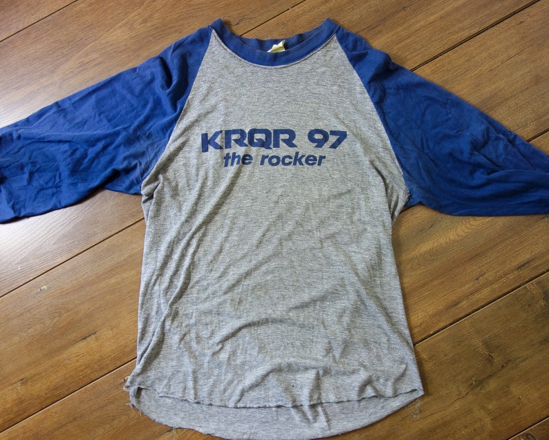 Vintage KRQR SF radio t shirt large XL, 80s super worn in, thin, soft faded baseball tee, rock & roll California Bay Area single stitch image 4