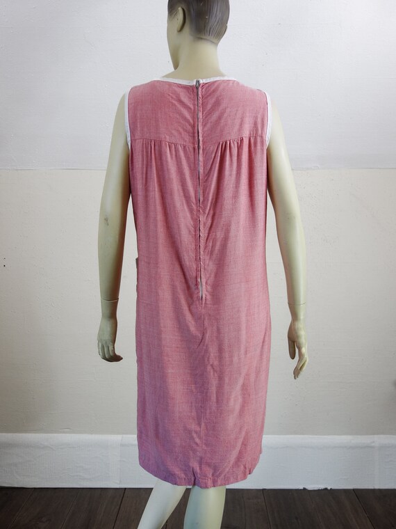 60s Pink Chambray Housedress with Crochet Pockets… - image 6