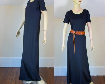 Vintage plain black short sleeve maxi spandex dress, shiny slinky bodycon stretch ankle length minimalist aesthetic 90s goth style