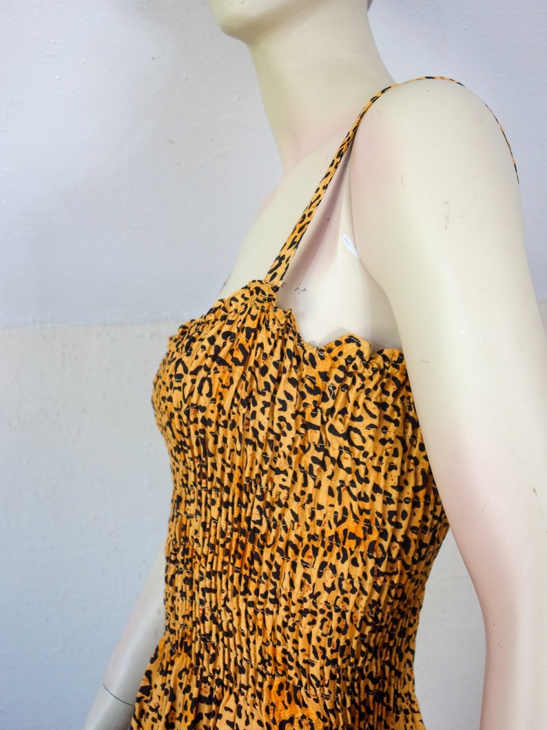 Vintage leopard print dress size small medium or large, 90s Y2K animal print sexy sleeveless smocked sundress with spaghetti straps image 6