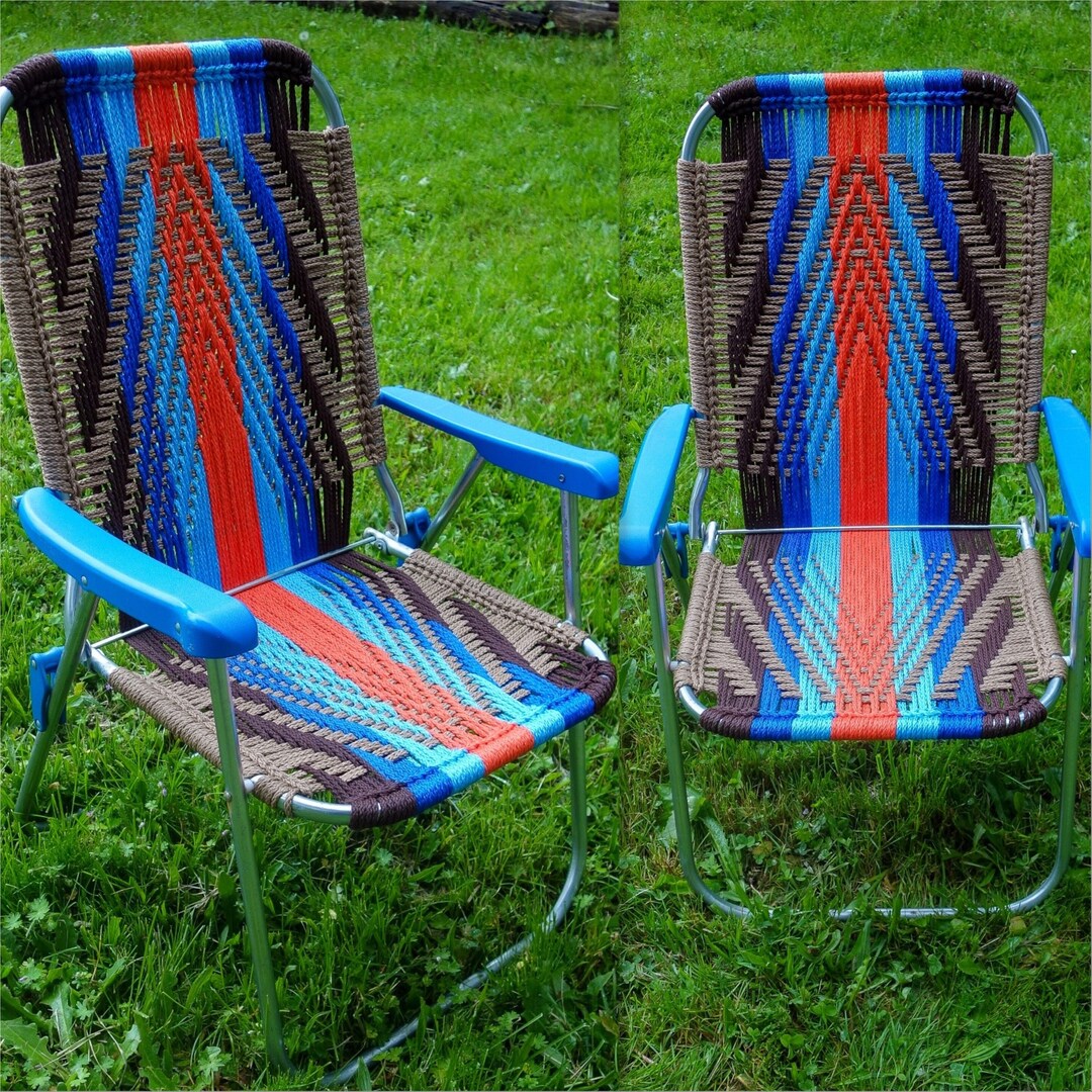 Handmade Macrame Lawn Chair in Bright, Bold Colors Blue, Orange, Unique