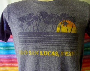 Vintage Cabo San Lucas T shirt size medium, 80s or 90s Mexico purple tee shirt with sunset and palm trees beach scene