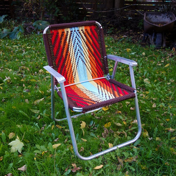 Hand Woven Rainbow Lawn Chair, Macrame Vintage Aluminum Lawnchair Outdoor Folding Metal Glamping, Yard, Concert, Pride, Camp Festival Seat