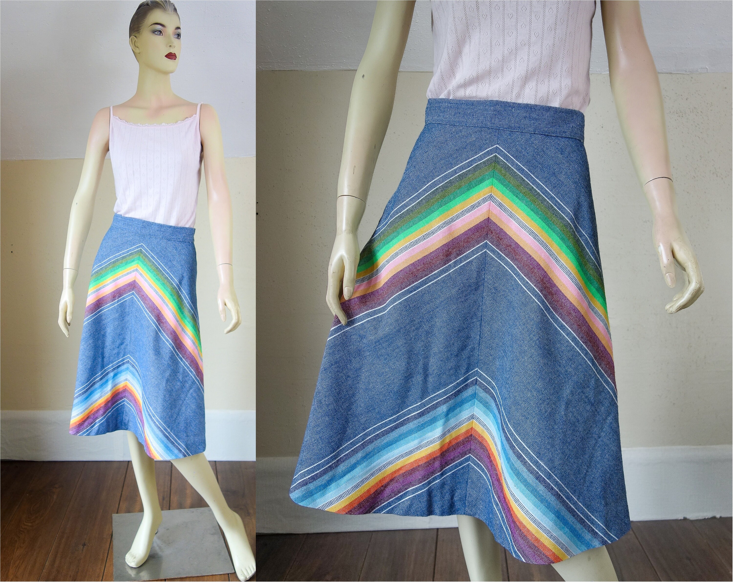 70s Chevron Stripe Skirt Size XS a Line Denim Midi Flare for