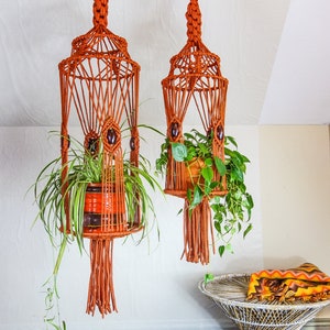 May include: Two macrame plant hangers with terracotta pots and green plants hanging from the ceiling. The plant hangers are made of thick, orange cord and have a decorative fringe at the bottom.