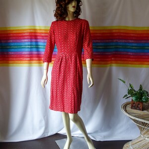 60s wiggle dress size small red cotton, vintage wounded 50s 3/4 sleeve cocktail garden party crew neck modest professional work or day dress image 2