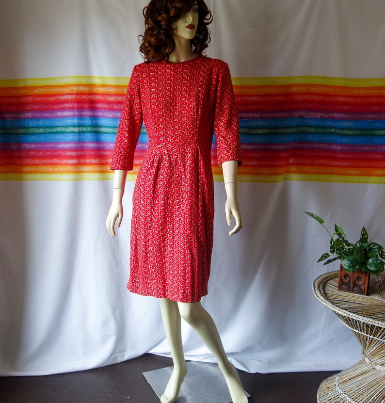 60s wiggle dress size small red cotton, vintage wounded 50s 3/4 sleeve cocktail garden party crew neck modest professional work or day dress image 2