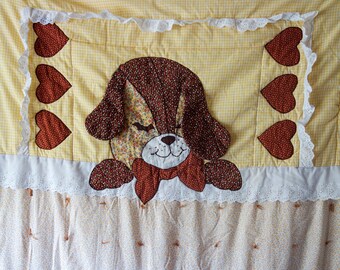 Vintage patchwork quilt with dog ears, cute handmade Puppy Love 1979 pattern baby blanket for 70s or 80s nursery and boho cottage decor