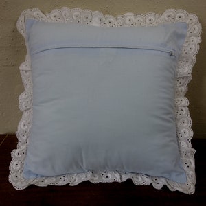 Vintage 80s square throw pillow 13x13 pastel blue with ribbon and lace ruffle for shabby cottagecore decor, nursery accent pillowcase image 8