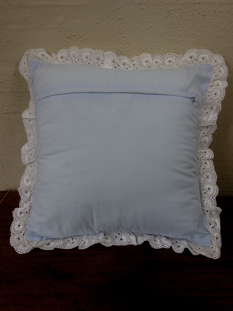 Vintage 80s square throw pillow 13x13 pastel blue with ribbon and lace ruffle for shabby cottagecore decor, nursery accent pillowcase image 8