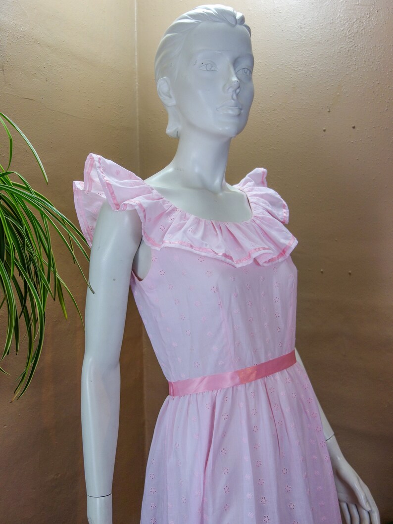 Satin and Ruffle Collar 70s Prairie Angelic 60s Prom Vintage Long Maxi Innocent Pastel Color Gown Full Length Pink Eyelet Princess Dress