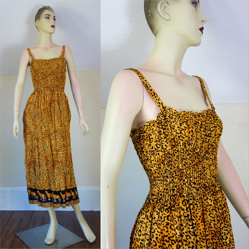 Robe vintage à imprimé léopard, petite, moyenne ou grande, robe d'été sexy sans manches à smocks, imprimé animalier de l'an 2000 avec de fines bretelles image 1