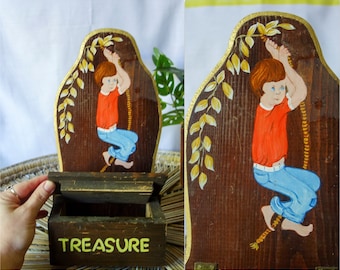 Vintage handmade wood treasure box with hand painted nostalgic summer scene, one of a kind boy on rope swing, kid's trinket or key storage