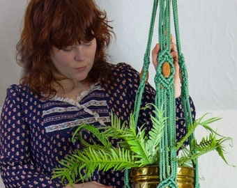 Macrame Plant Hanger: Sage Green or Patina Blue Vintage Style with Wood Beads