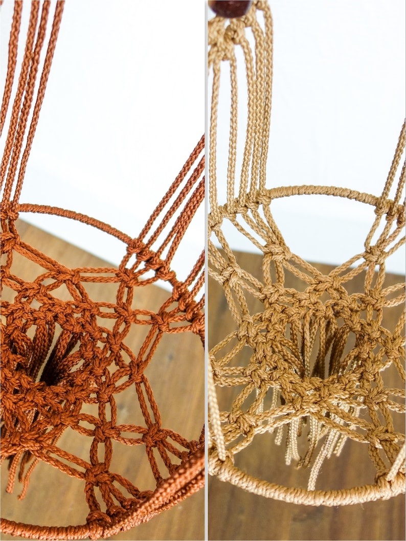 May include: Two macrame plant hangers, one in brown and one in beige, with fringe details. The hangers are made of cotton cord and have a knotted design.