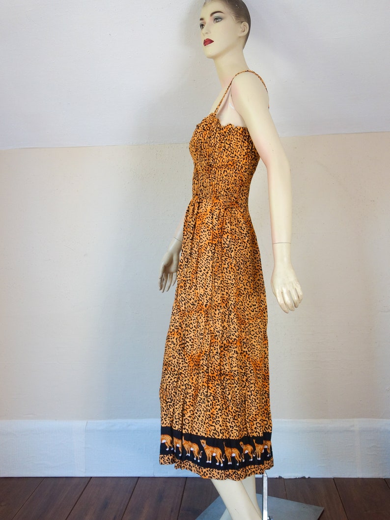 Vintage leopard print dress size small medium or large, 90s Y2K animal print sexy sleeveless smocked sundress with spaghetti straps image 7