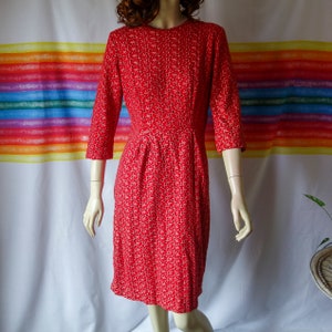 60s wiggle dress size small red cotton, vintage wounded 50s 3/4 sleeve cocktail garden party crew neck modest professional work or day dress image 8